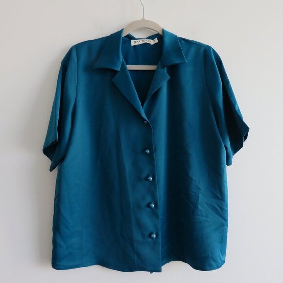 ZENA PRESLEY Teal Satin Drapey Button Front Shirt Top Mob Wives - Women's Size M - Picture 2 of 11